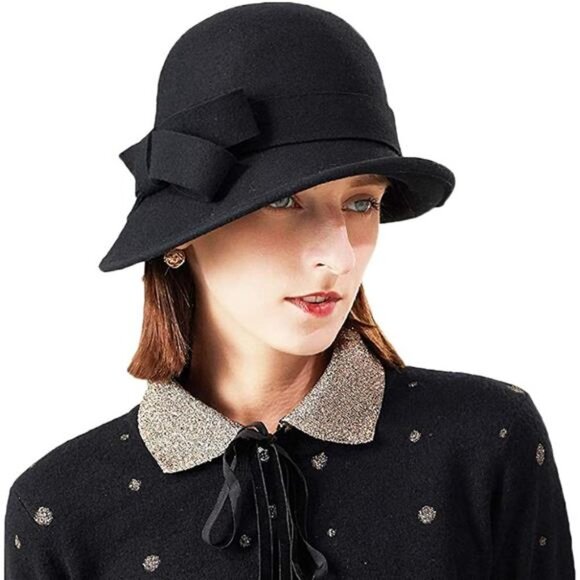 Women\'s Winter Hat Wool Cloche Bucket with Bow Accent